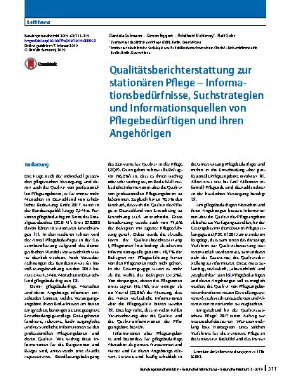 Vorschauseite 1: Qualitätsberichterstattung zur stationären Pflege – Informationsbedürfnisse, Suchstrategien und Informationsquellen von Pflegebedürftigen und ihren Angehörigen