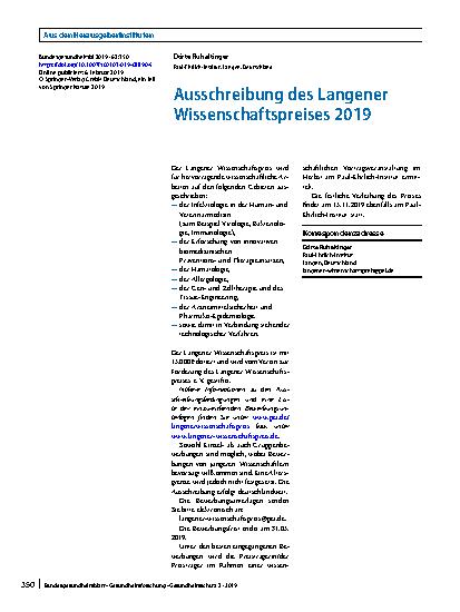 Vorschauseite 1: Ausschreibung des Langener Wissenschaftspreises 2019