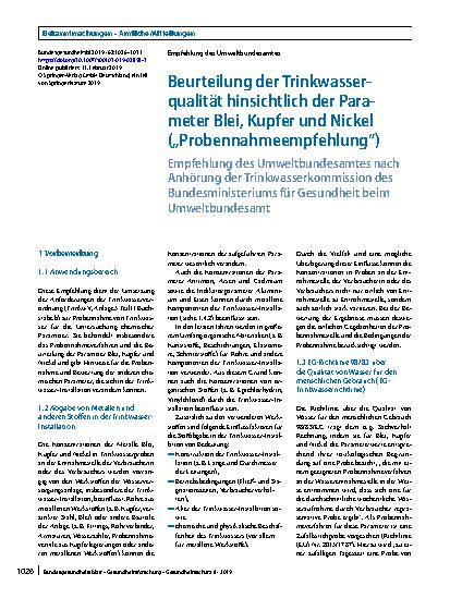 Vorschauseite 1: Beurteilung der Trinkwasserqualität hinsichtlich der Parameter Blei, Kupfer und Nickel („Probennahmeempfehlung“)