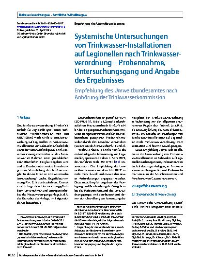 Vorschauseite 1: Systemische Untersuchungen von Trinkwasser-Installationen auf Legionellen nach Trinkwasserverordnung – Probennahme, Untersuchungsgang und Angabe des Ergebnisses