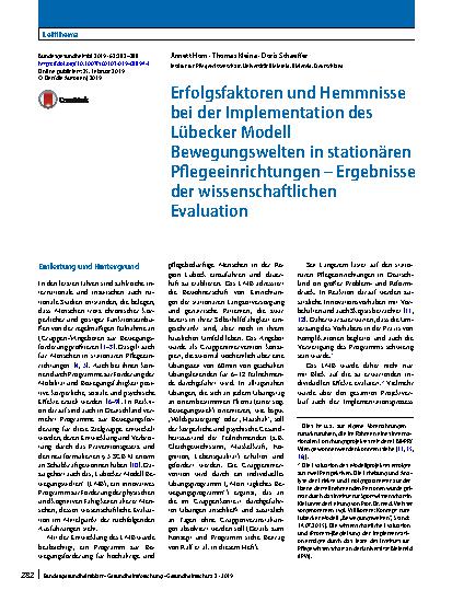 Vorschauseite 1: Erfolgsfaktoren und Hemmnisse bei der Implementation des Lübecker Modell Bewegungswelten in stationären Pflegeeinrichtungen – Ergebnisse der wissenschaftlichen Evaluation