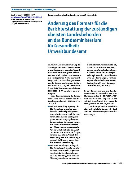 Vorschauseite 1: Änderung des Formats für die Berichterstattung der zuständigen obersten Landesbehörden an das Bundesministerium für Gesundheit/Umweltbundesamt
