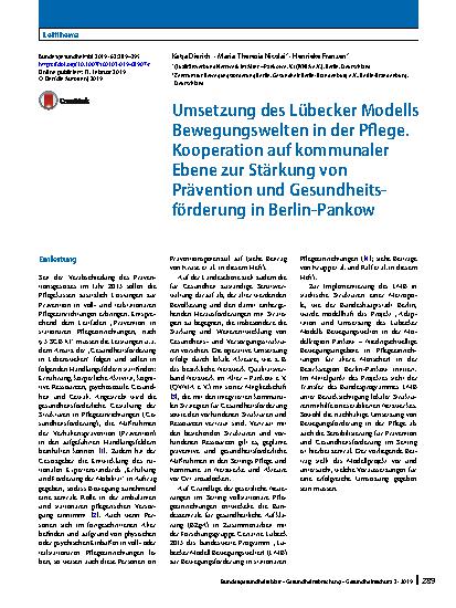 Vorschauseite 1: Umsetzung des Lübecker Modells Bewegungswelten in der Pflege. Kooperation auf kommunaler Ebene zur Stärkung von Prävention und Gesundheitsförderung in Berlin-Pankow