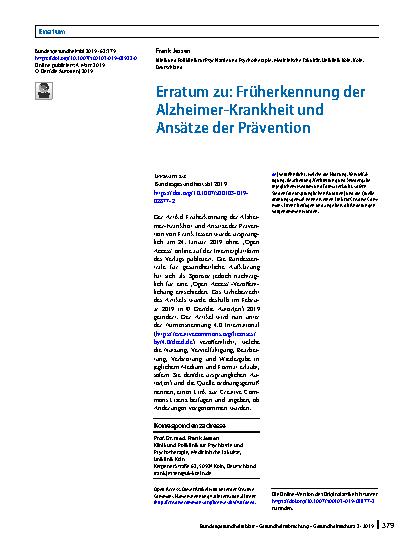 Vorschauseite 1: Erratum zu: Früherkennung der Alzheimer-Krankheit und Ansätze der Prävention