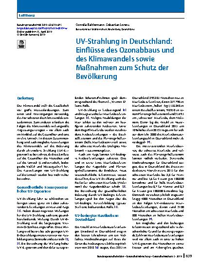 Vorschauseite 1: UV-Strahlung in Deutschland: Einflüsse des Ozonabbaus und des Klimawandels sowie Maßnahmen zum Schutz der Bevölkerung