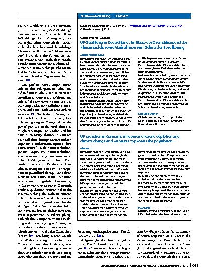 Vorschauseite 3: UV-Strahlung in Deutschland: Einflüsse des Ozonabbaus und des Klimawandels sowie Maßnahmen zum Schutz der Bevölkerung