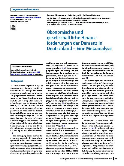 Vorschauseite 1: Ökonomische und gesellschaftliche Herausforderungen der Demenz in Deutschland – Eine Metaanalyse