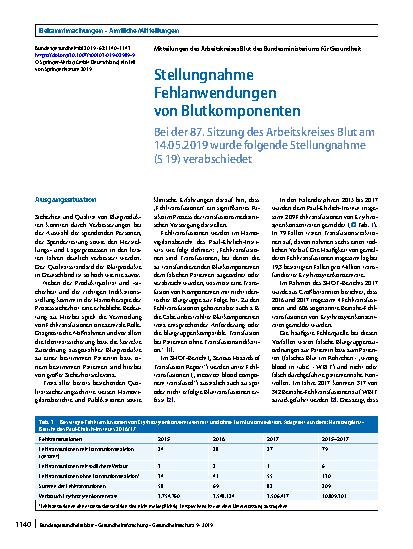 Vorschauseite 1: Stellungnahme Fehlanwendungen von Blutkomponenten
