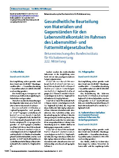 Vorschauseite 1: Gesundheitliche Beurteilung von Materialien und Gegenständen für den Lebensmittelkontakt im Rahmen des Lebensmittelund Futtermittelgesetzbuches