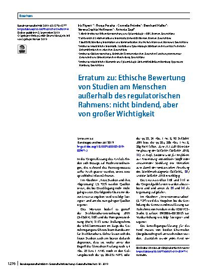 Vorschauseite 1: Erratum zu: Ethische Bewertung von Studien am Menschen außerhalb des regulatorischen Rahmens: nicht bindend, aber von großer Wichtigkeit