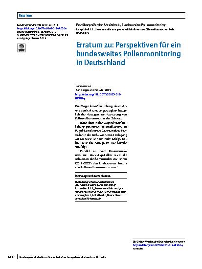 Vorschauseite 1: Erratum zu: Perspektiven für ein bundesweites Pollenmonitoring in Deutschland