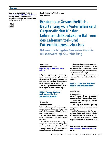 Vorschauseite 1: Erratum zu: Gesundheitliche Beurteilung von Materialien und Gegenständen für den Lebensmittelkontakt im Rahmen des Lebensmittelund Futtermittelgesetzbuches