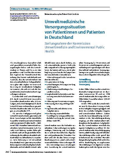 Vorschauseite 1: Umweltmedizinische Versorgungssituation von Patientinnen und Patienten in Deutschland