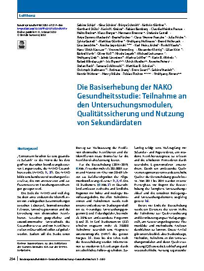Vorschauseite 1: Die Basiserhebung der NAKO Gesundheitsstudie: Teilnahme an den Untersuchungsmodulen, Qualitätssicherung und Nutzung von Sekundärdaten