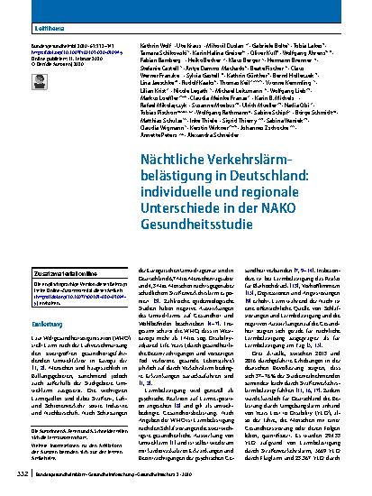 Vorschauseite 1: Nächtliche Verkehrslärmbelästigung in Deutschland: individuelle und regionale Unterschiede in der NAKO Gesundheitsstudie