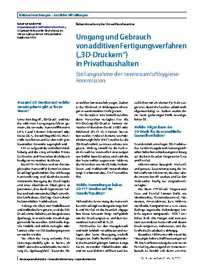 Vorschauseite 1: Umgang und Gebrauch von additiven Fertigungsverfahren („3D-Druckern“) in Privathaushalten