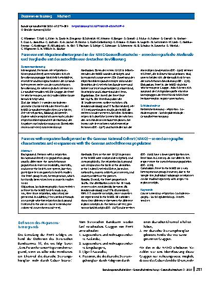 Vorschauseite 3: Personen mit Migrationshintergrund in der NAKO Gesundheitsstudie – soziodemografische Merkmale und Vergleiche mit der autochthonen deutschen Bevölkerung