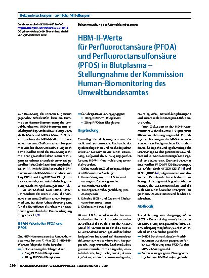 Vorschauseite 1: HBM-II-Werte für Perfluoroctansäure (PFOA) und Perfluoroctansulfonsäure (PFOS) in Blutplasma – Stellungnahme der Kommission Human-Biomonitoring des Umweltbundesamtes