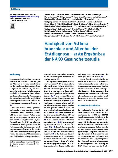 Vorschauseite 1: Häufigkeit von Asthma bronchiale und Alter bei der Erstdiagnose – erste Ergebnisse der NAKO Gesundheitsstudie