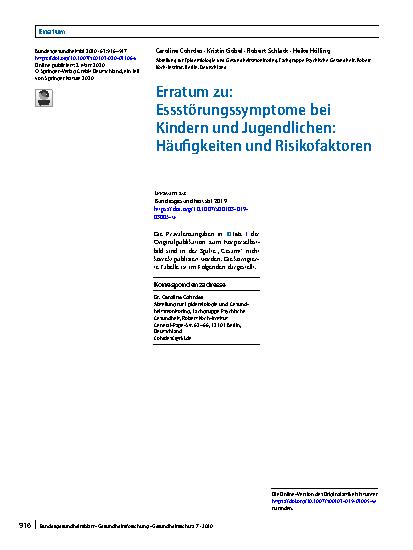 Vorschauseite 1: Erratum zu: Essstörungssymptome bei Kindern und Jugendlichen: Häufigkeiten und Risikofaktoren