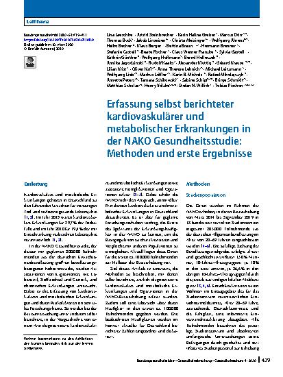 Vorschauseite 1: Erfassung selbst berichteter kardiovaskulärer und metabolischer Erkrankungen in der NAKO Gesundheitsstudie: Methoden und erste Ergebnisse