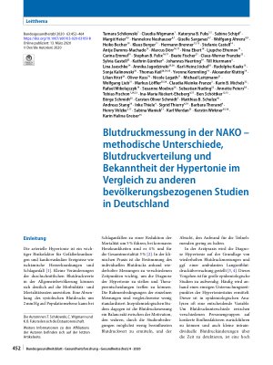 Vorschauseite 1: Blutdruckmessung in der NAKO – methodische Unterschiede, Blutdruckverteilung und Bekanntheit der Hypertonie im Vergleich zu anderen bevölkerungsbezogenen Studien in Deutschland
