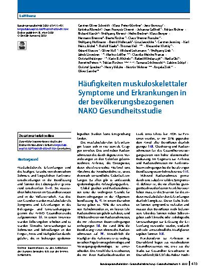 Vorschauseite 1: Häufigkeiten muskuloskelettaler Symptome und Erkrankungen in der bevölkerungsbezogenen NAKO Gesundheitsstudie