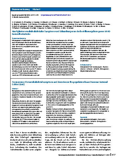 Vorschauseite 3: Häufigkeiten muskuloskelettaler Symptome und Erkrankungen in der bevölkerungsbezogenen NAKO Gesundheitsstudie