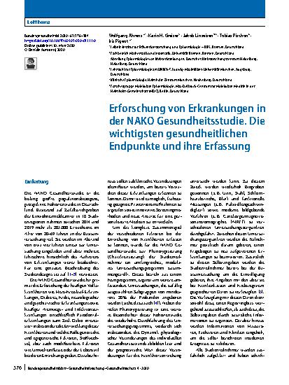 Vorschauseite 1: Erforschung von Erkrankungen in der NAKO Gesundheitsstudie. Die wichtigsten gesundheitlichen Endpunkte und ihre Erfassung