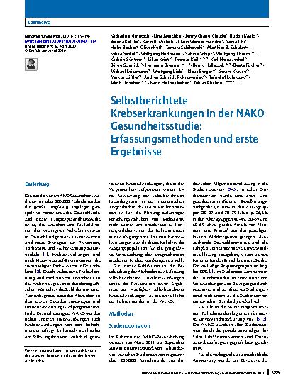 Vorschauseite 1: Selbstberichtete Krebserkrankungen in der NAKO Gesundheitsstudie: Erfassungsmethoden und erste Ergebnisse