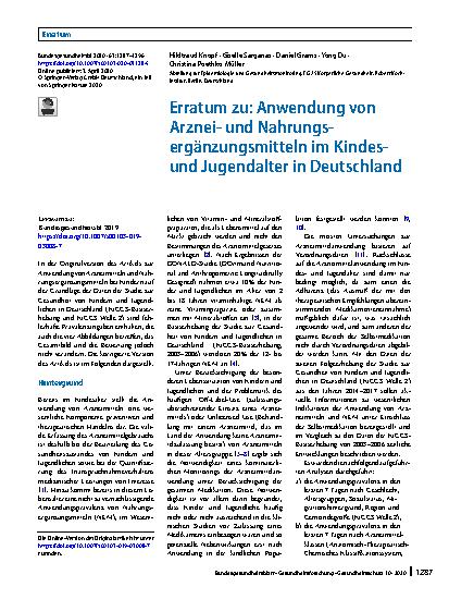 Vorschauseite 1: Erratum zu: Anwendung von Arzneiund Nahrungsergänzungsmitteln im Kindesund Jugendalter in Deutschland