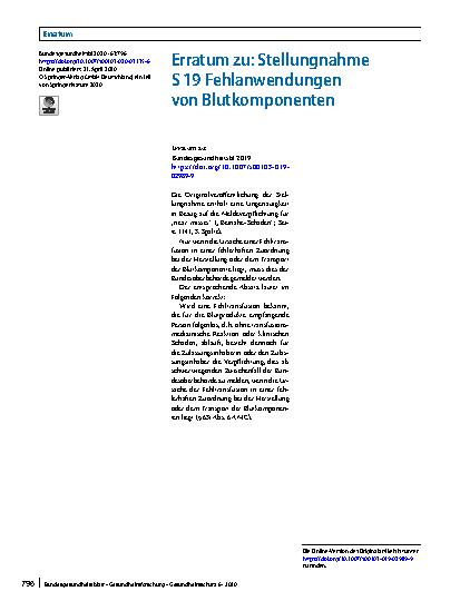 Vorschauseite 1: Erratum zu: Stellungnahme S 19 Fehlanwendungen von Blutkomponenten