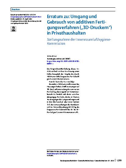 Vorschauseite 1: Erratum zu: Umgang und Gebrauch von additiven Fertigungsverfahren („3D-Druckern“) in Privathaushalten