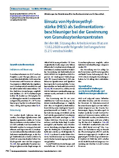 Vorschauseite 1: Einsatz von Hydroxyethylstärke (HES) als Sedimentationsbeschleuniger bei der Gewinnung von Granulozytenkonzentraten