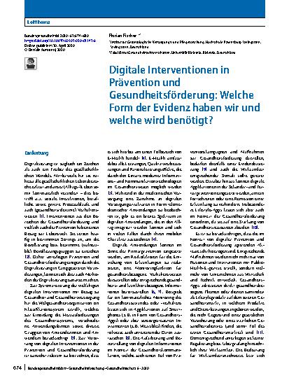 Vorschauseite 1: Digitale Interventionen in Prävention und Gesundheitsförderung: Welche Form der Evidenz haben wir und welche wird benötigt?