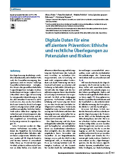 Vorschauseite 1: Digitale Daten für eine effizientere Prävention: Ethische und rechtliche Überlegungen zu Potenzialen und Risiken