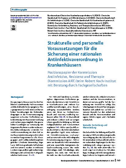 Vorschauseite 1: Strukturelle und personelle Voraussetzungen für die Sicherung einer rationalen Antiinfektivaverordnung in Krankenhäusern