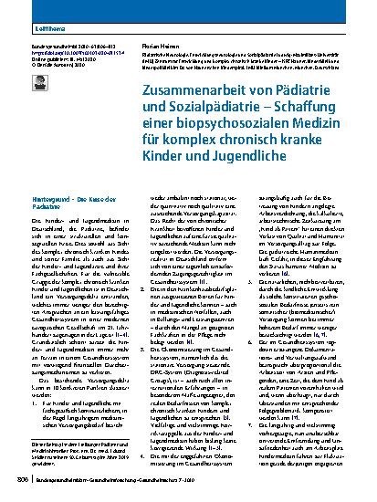 Vorschauseite 1: Zusammenarbeit von Pädiatrie und Sozialpädiatrie – Schaffung einer biopsychosozialen Medizin für komplex chronisch kranke Kinder und Jugendliche