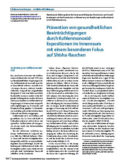 Vorschauseite 1: Prävention von gesundheitlichen Beeinträchtigungen durch Kohlenmonoxid-Expositionen im Innenraum mit einem besonderen Fokus auf Shisha-Rauchen