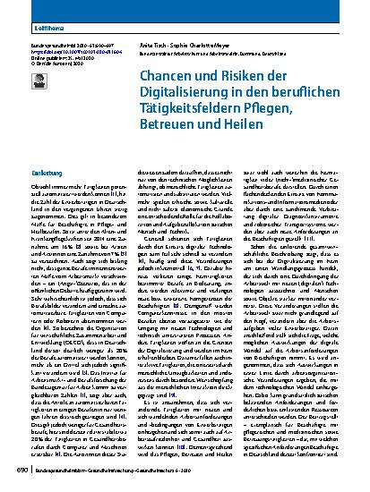 Vorschauseite 1: Chancen und Risiken der Digitalisierung in den beruflichen Tätigkeitsfeldern Pflegen, Betreuen und Heilen