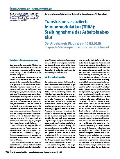 Vorschauseite 1: Transfusionsassoziierte Immunmodulation (TRIM): Stellungnahme des Arbeitskreises Blut