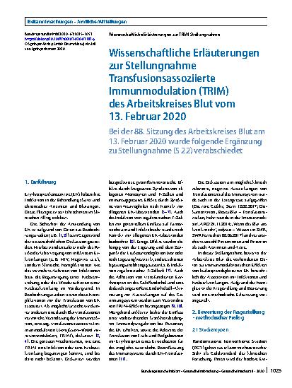Vorschauseite 1: Wissenschaftliche Erläuterungen zur Stellungnahme Transfusionsassoziierte Immunmodulation (TRIM) des Arbeitskreises Blut vom 13. Februar 2020