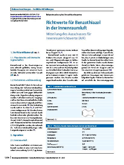 Vorschauseite 1: Richtwerte für Benzothiazol in der Innenraumluft