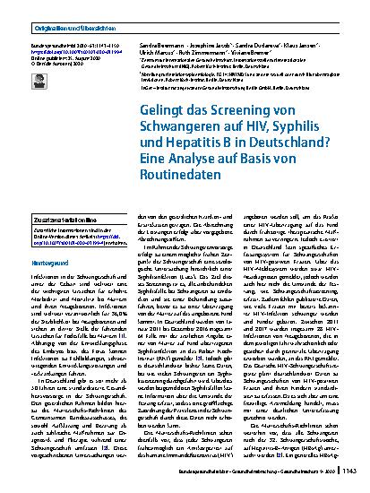 Vorschauseite 1: Gelingt das Screening von Schwangeren auf HIV, Syphilis und Hepatitis B in Deutschland? Eine Analyse auf Basis von Routinedaten