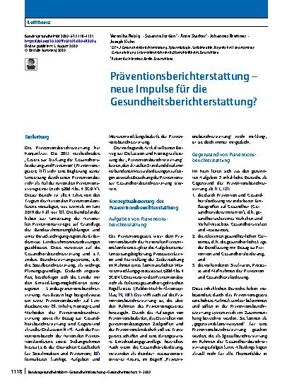 Vorschauseite 1: Präventionsberichterstattung – neue Impulse für die Gesundheitsberichterstattung?