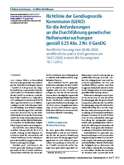 Vorschauseite 1: Richtlinie der Gendiagnostik-Kommission (GEKO) für die Anforderungen an die Durchführung genetischer Reihenuntersuchungen gemäß § 23 Abs. 2 Nr. 6 GenDG