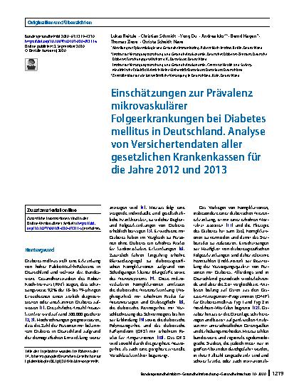 Vorschauseite 1: Einschätzungen zur Prävalenz mikrovaskulärer Folgeerkrankungen bei Diabetes mellitus in Deutschland. Analyse von Versichertendaten aller gesetzlichen Krankenkassen für die Jahre 2…