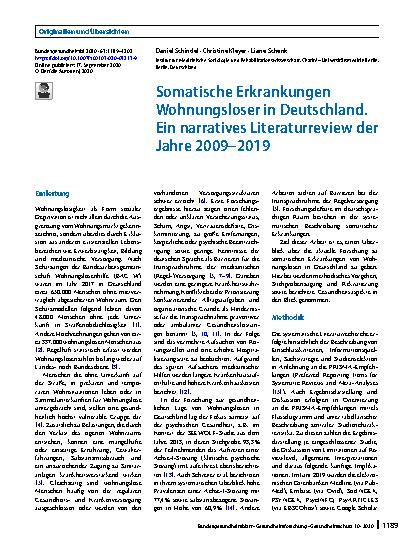 Vorschauseite 1: Somatische Erkrankungen Wohnungsloser in Deutschland. Ein narratives Literaturreview der Jahre 2009 – 2019