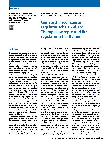 Vorschauseite 1: Genetisch modifizierte regulatorische T-Zellen: Therapiekonzepte und ihr regulatorischer Rahmen