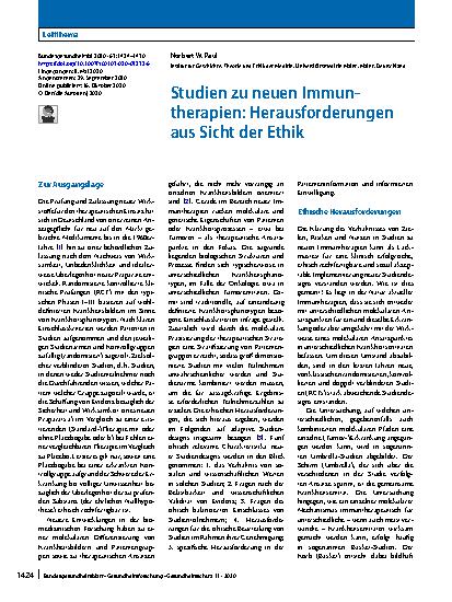 Vorschauseite 1: Studien zu neuen Immuntherapien: Herausforderungen aus Sicht der Ethik